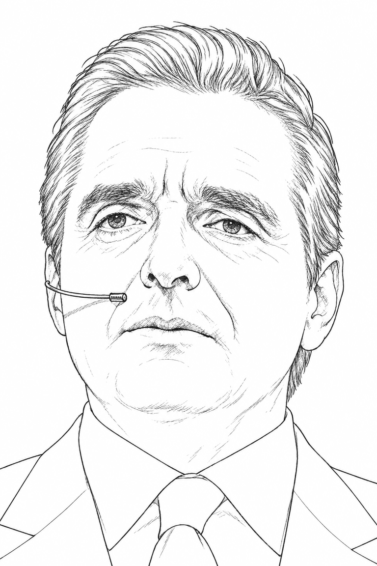 Line-drawn portrait of Douglas Engelbart wearing a headset microphone, looking up toward a screen.