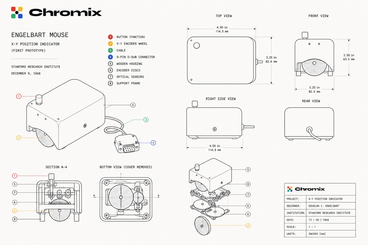 Technical illustration of Engelbart's mouse — the "X-Y Position Indicator," first prototype, 1968 — drawn in the Chromix drafting style, with orthographic views, a section, and an exploded diagram.